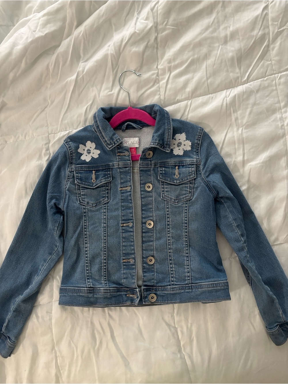 The Children's Place Blue Denim Jacket with White Floral Appliqué